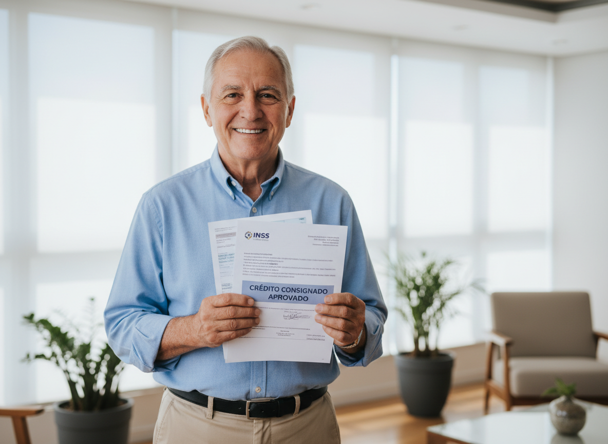 Foto profissional de uma pessoa idosa brasileira sorrindo, em ambiente claro, com documentos na mão, representando aposentado do INSS satisfeito com crédito consignado. Estilo realista, cores suaves e confiança.