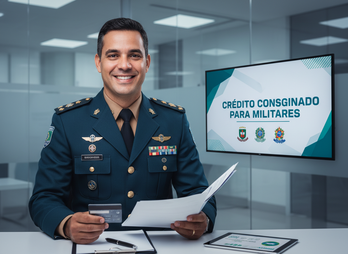 Foto profissional de um militar brasileiro de farda (Exército, Marinha ou Aeronáutica), em ambiente de atendimento financeiro, sorrindo com aparência confiante, segurando documentos ou cartão, representando crédito consignado para militares. Estilo realista, iluminação suave, cores sóbrias e profissionais.