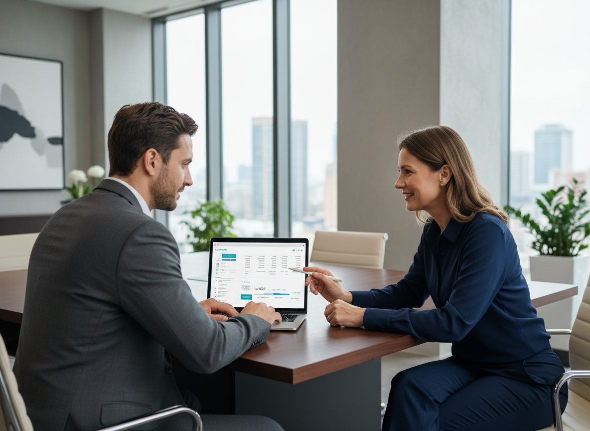 Foto profissional de um cliente em um escritório moderno conversando com uma consultora financeira enquanto faz uma simulação de empréstimo no laptop, ambiente iluminado e confiável, estilo corporativo, cores sóbrias.