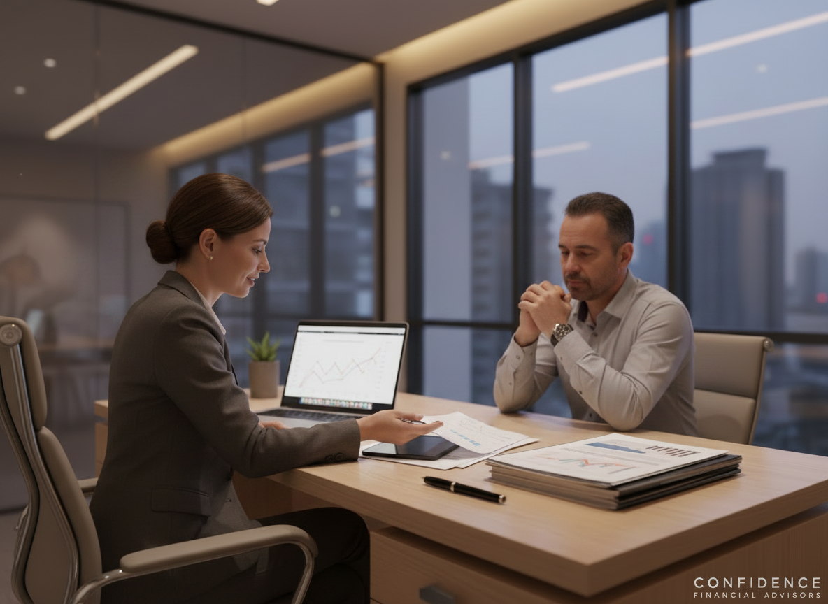 Foto profissional de uma consultora financeira explicando com calma as condições de um empréstimo consignado para um cliente em um escritório moderno, com documentos e notebook sobre a mesa, clima de confiança e atendimento humanizado.